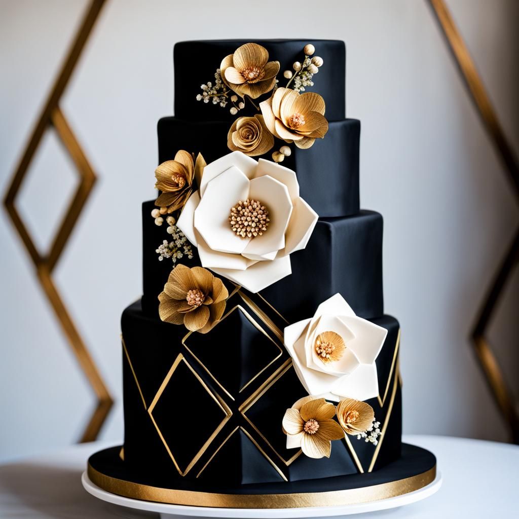 Modern Geometric Black and Gold Wedding Cake