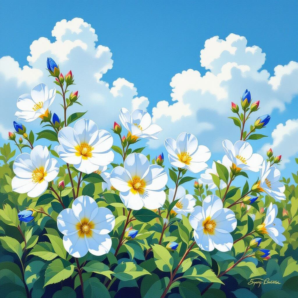 Blue and White Flowers in Watercolor Garden