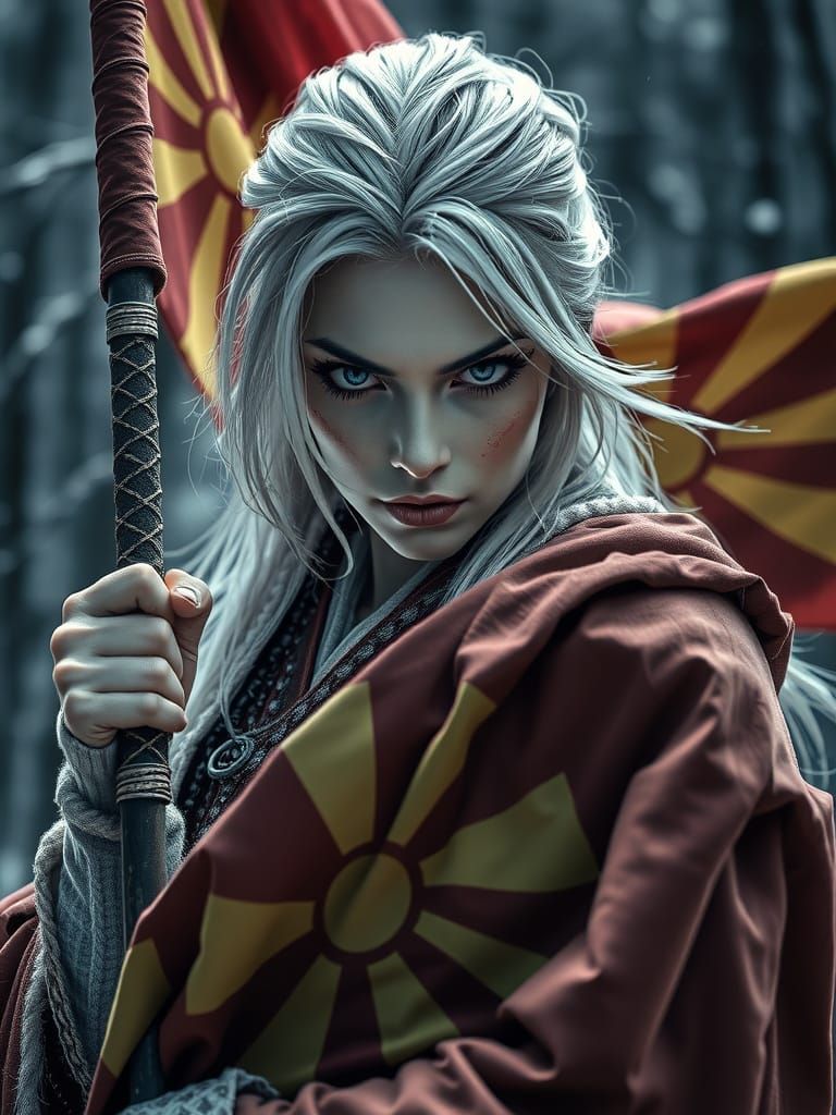 Evil Japanese Warrior Waves Macedonia Flag in Snowy Forest