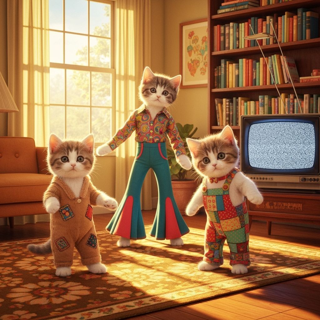 Baby Boomer Kittens Frolicking in Groovy 1970s Living Room