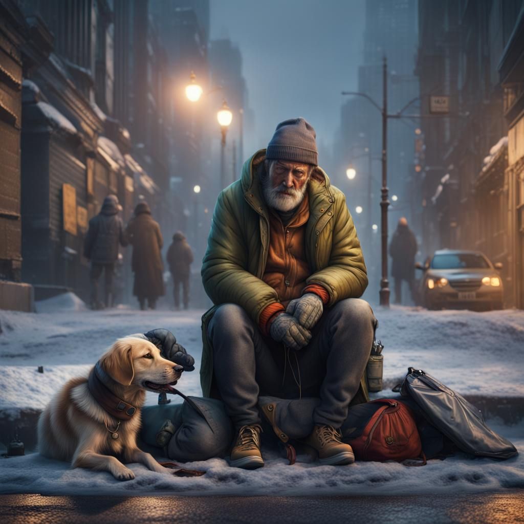 Homeless Man and Dog Begging on City Sidewalk