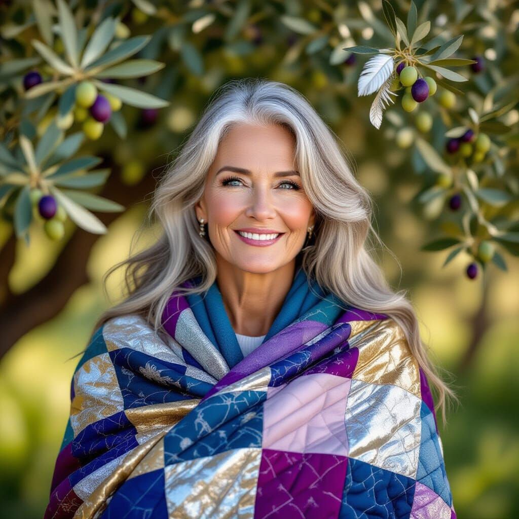 Serene Elderly Woman in Quilt Amidst Olive Trees