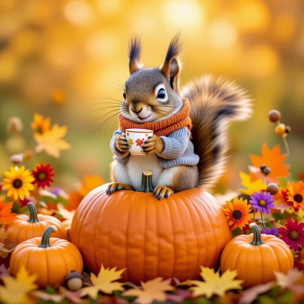 Adorable Squirrel with Cup on Pumpkin in Autumn Scene