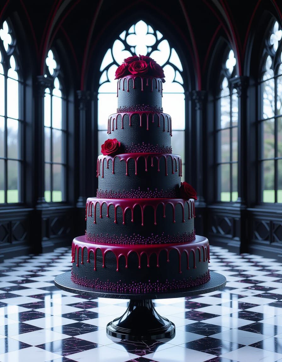 Gothic Wedding Cake with Crimson Glaze, Dark Fantasy