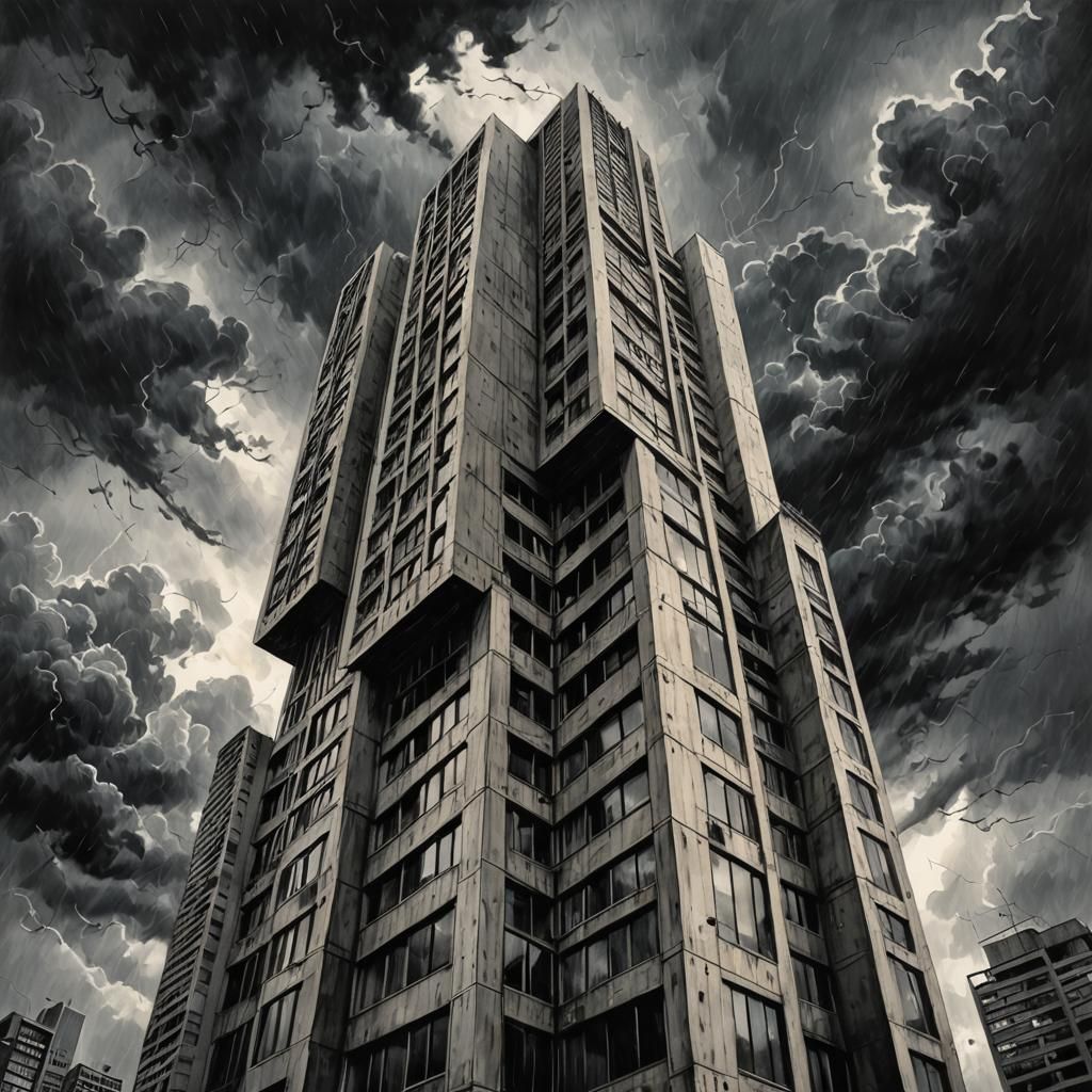 Brutalist Skyscraper Charcoal Drawing Under Stormy Sky