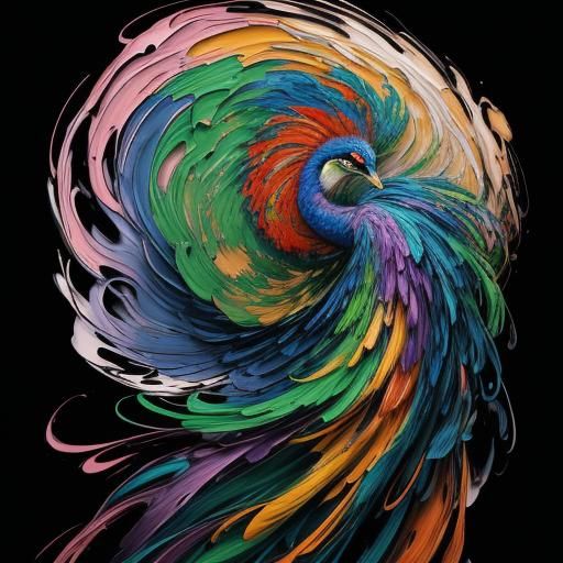 Surreal Woman with Peacock Feather Hair in Vivid Oil Paintin...