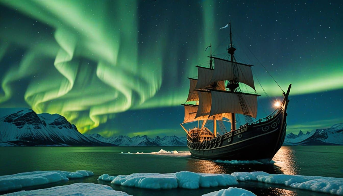 Ghost Viking Ship Sailing Under Northern Lights