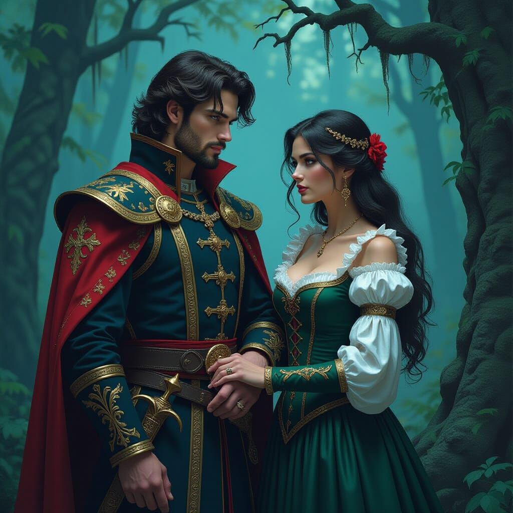 Cursed Prince and Brave Woman in Mystical Forest