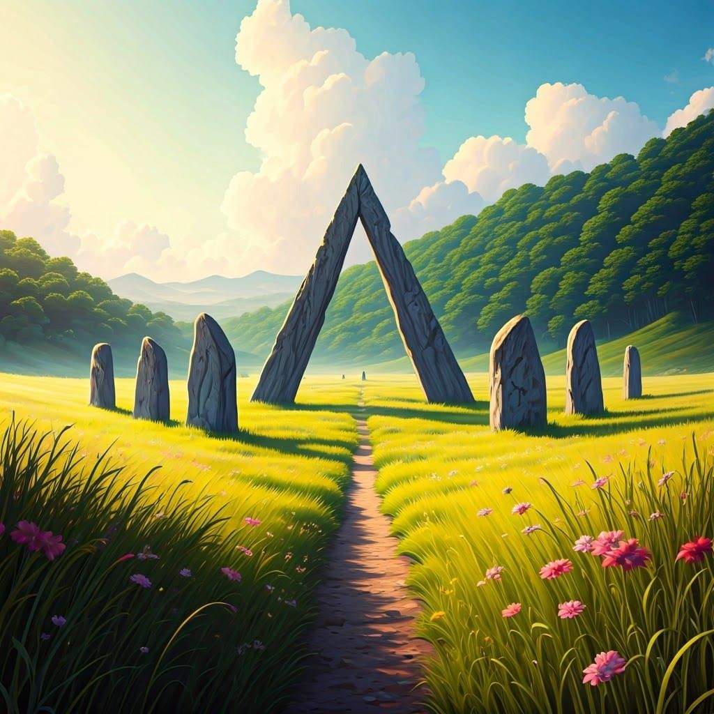 Surreal Landscape of Ancient Monoliths in a Serene Meadow