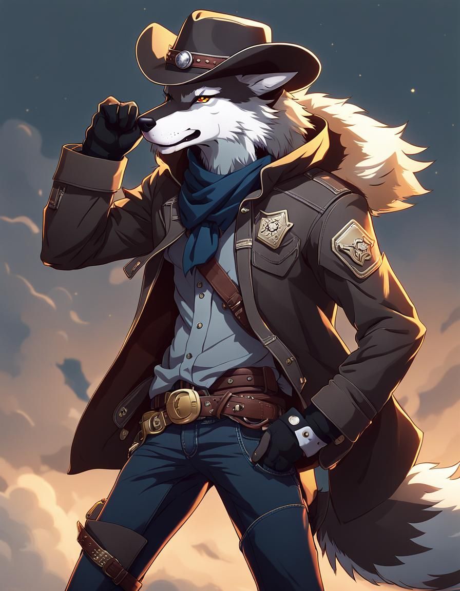 Anthropomorphic Wolf Cowboy in Anime Style