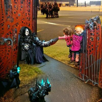 Mysterious Figure and Tiny Humans at the Gates