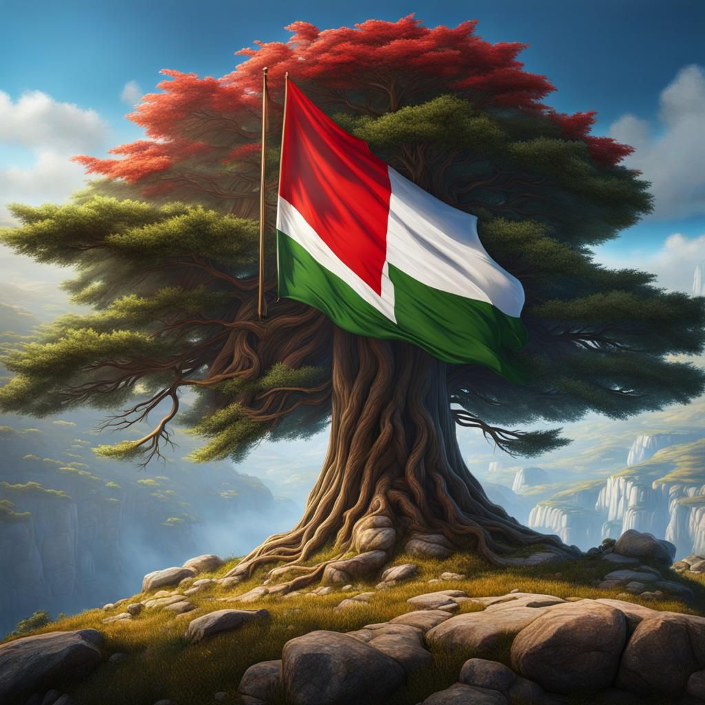 Cedar Tree with Lebanese Flag: Detailed Matte Painting