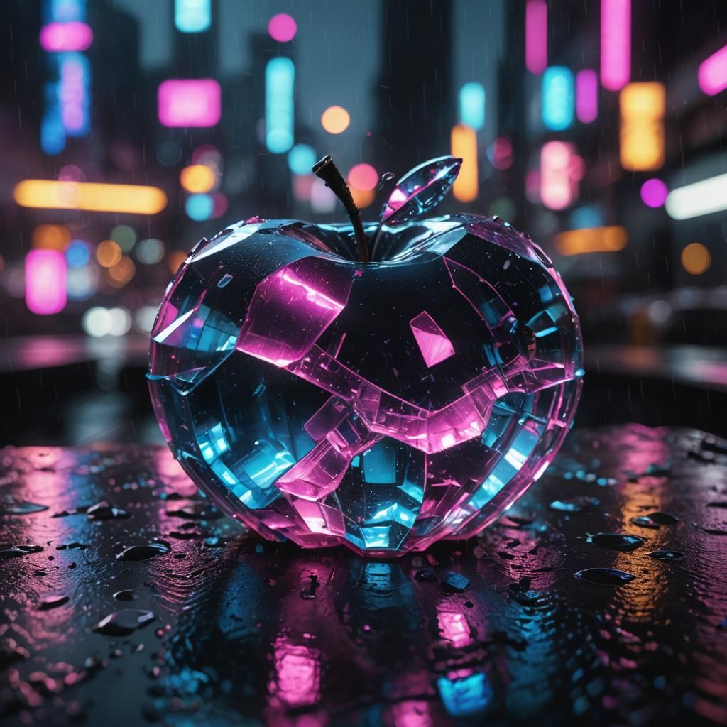 Cyberpunk Crystal Apple Reflects Neon Cityscape