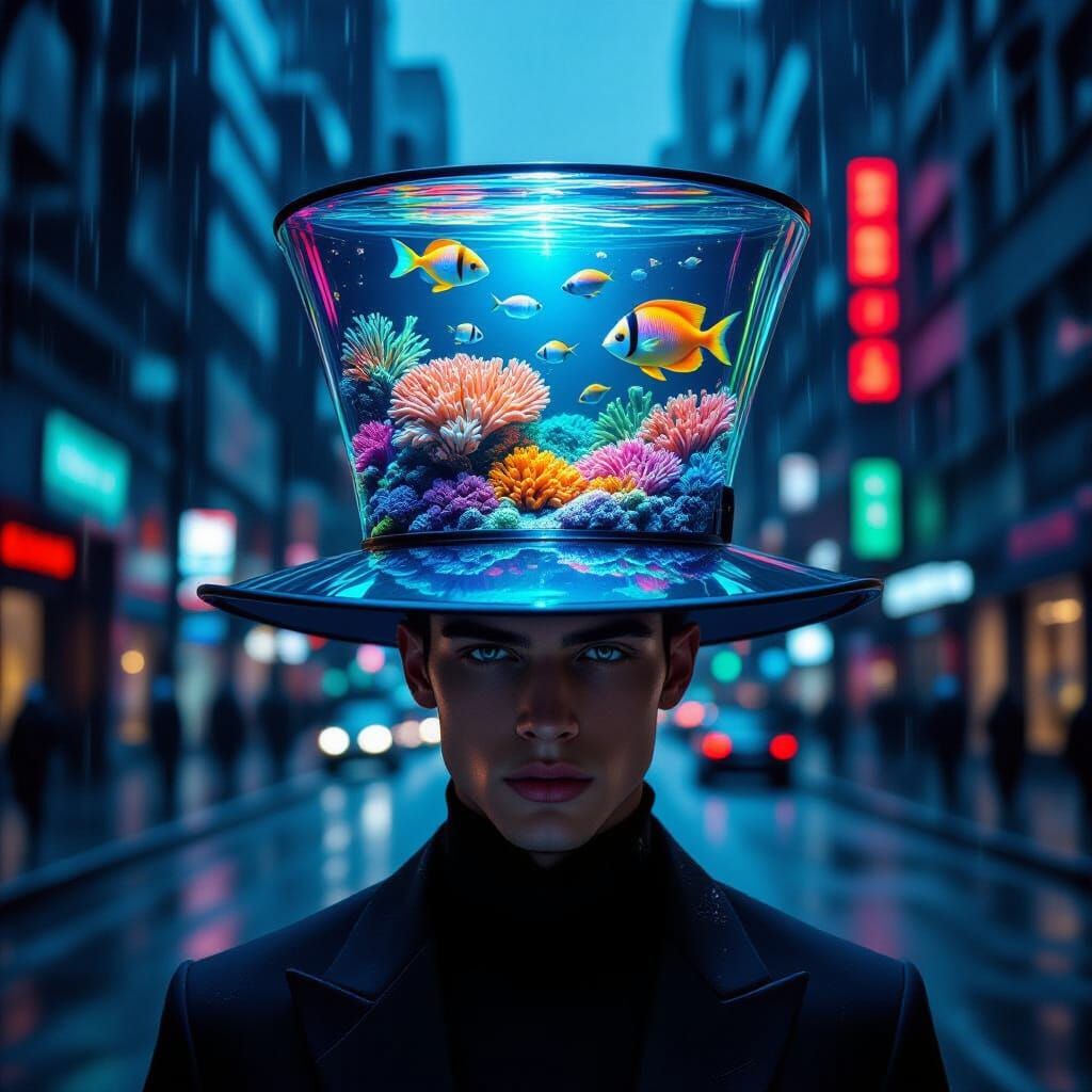 Avant-Garde Man in Crystalline Hat with Coral Reef