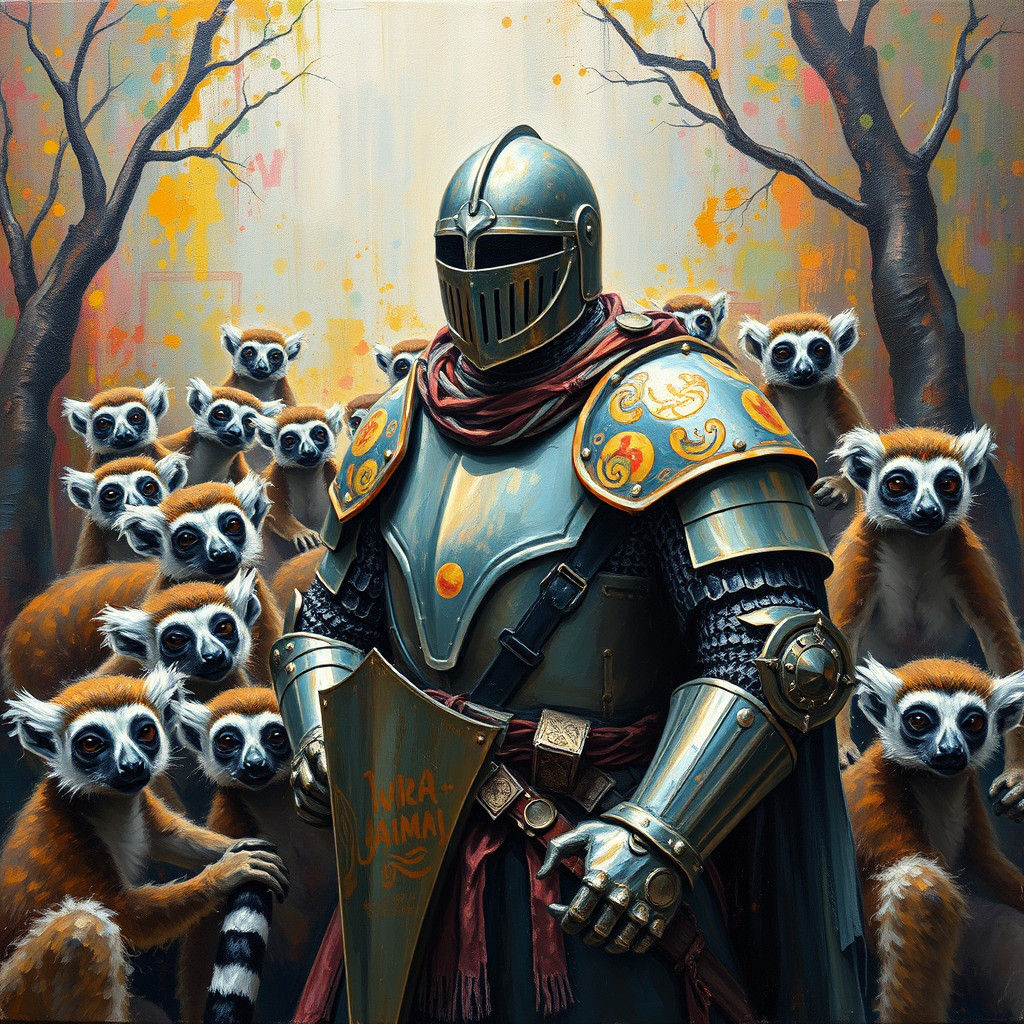 Lemurs Overwhelm Knight as Impasto Oil Painting