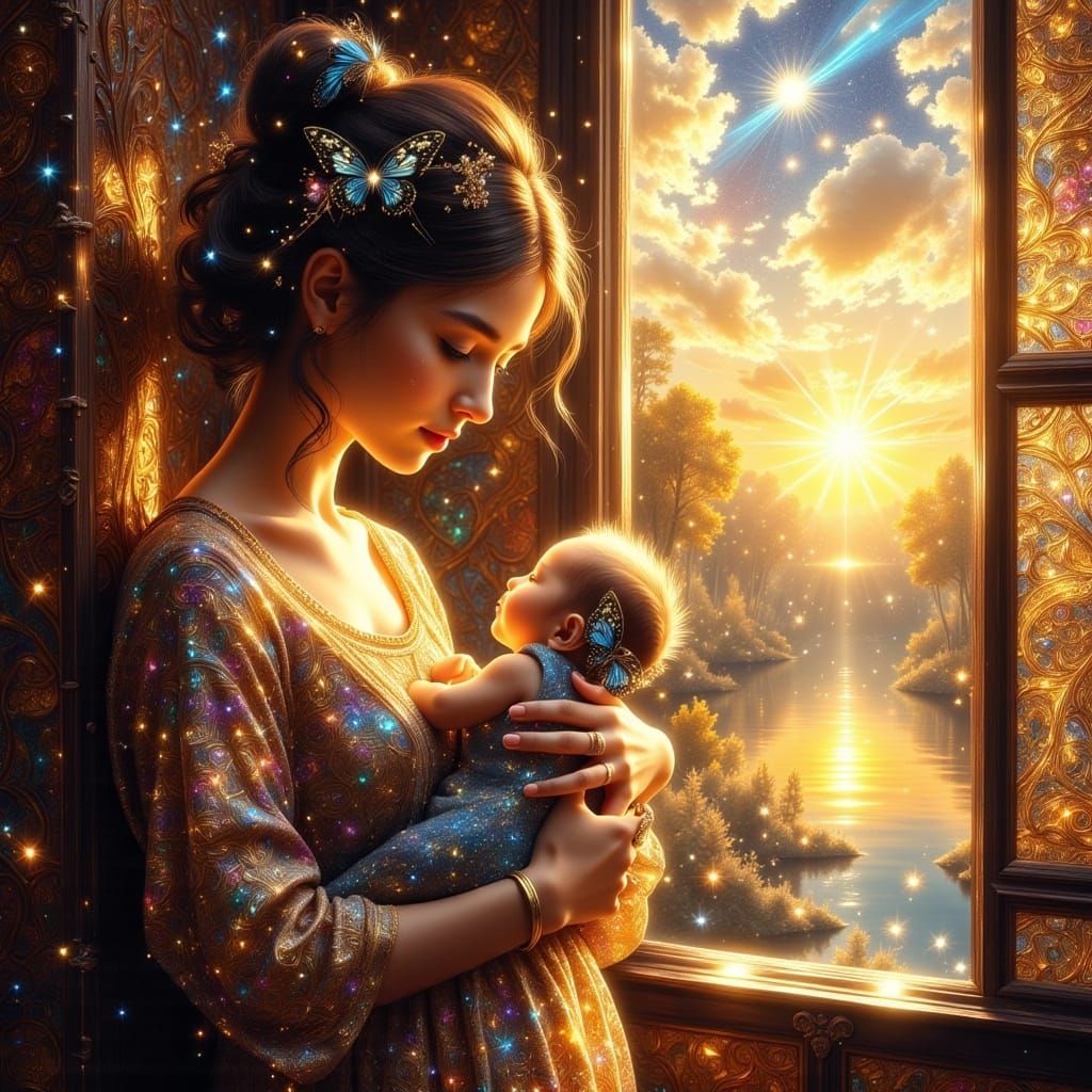 Mother and Baby by Sunlit Window in Cosmic Style
