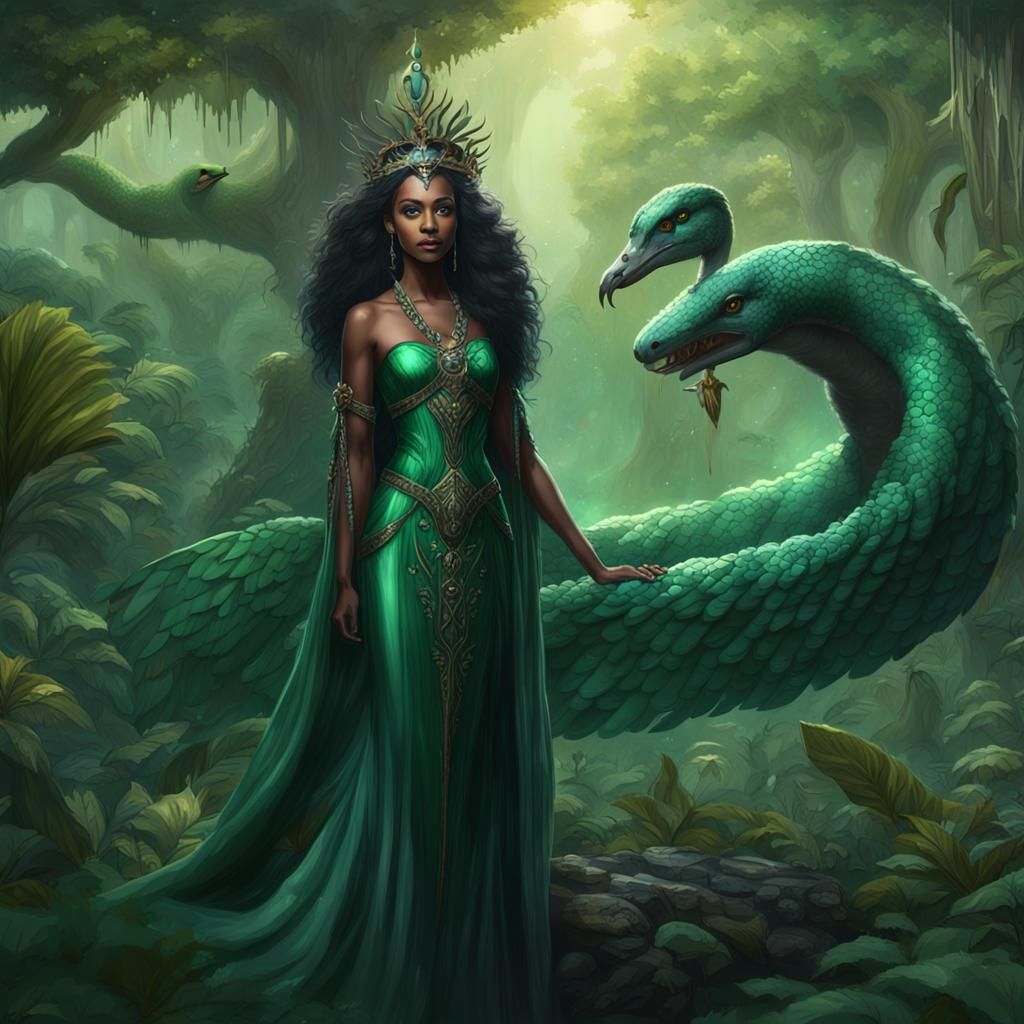 Black fairy goddess standing next to a anaconda. Emerald green gown. Green tiara. Green eyes. Large green wings. beautif...