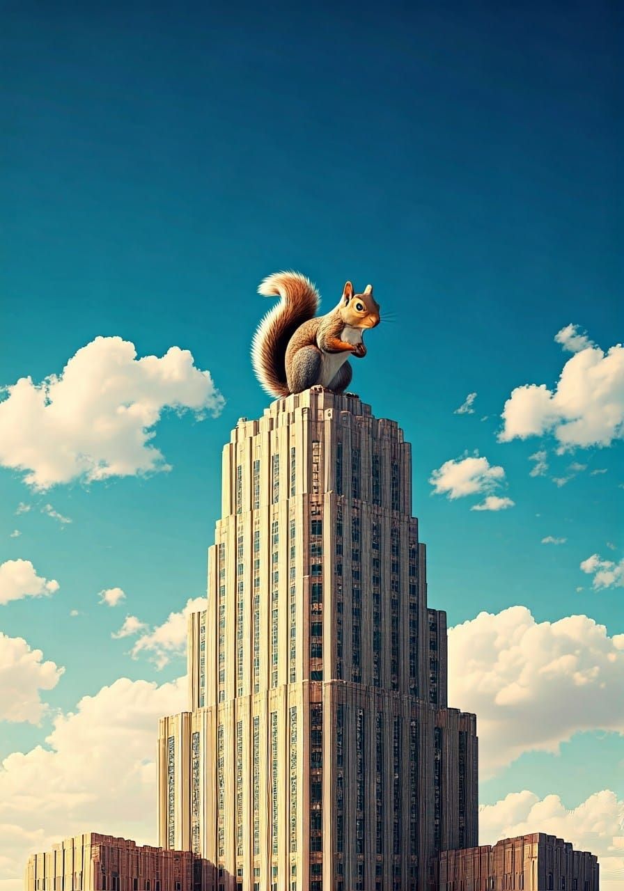 Majestic Squirrel Superhero Perched on Art Deco Skyscraper