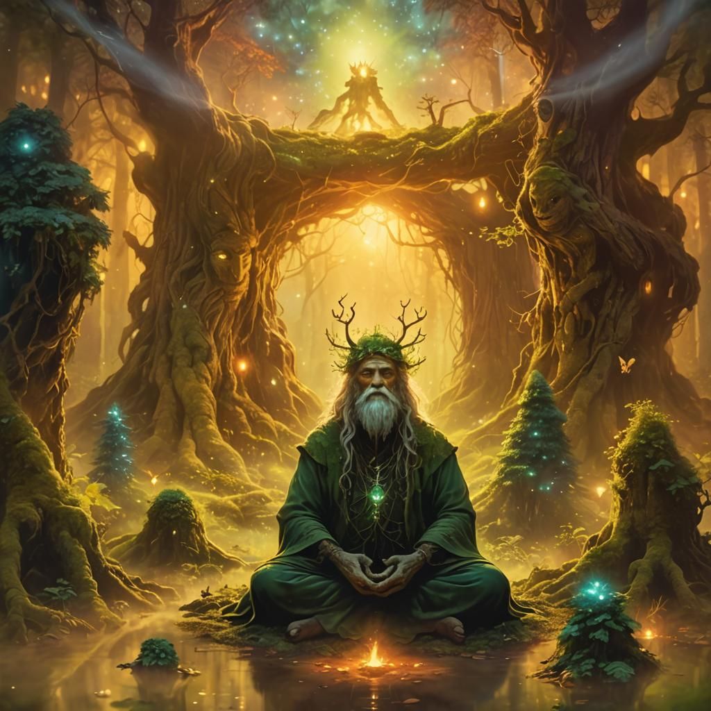 Mystical Tree Spirit in Misty Forest: Digital Art