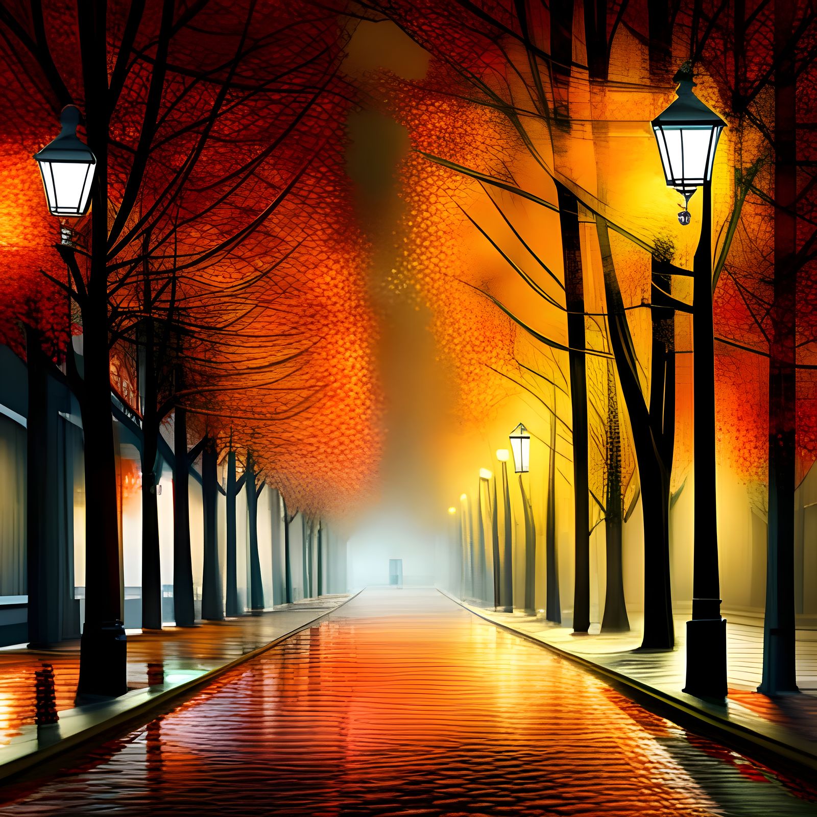 Victorian Town: Autumn Trees at Night in the Rain