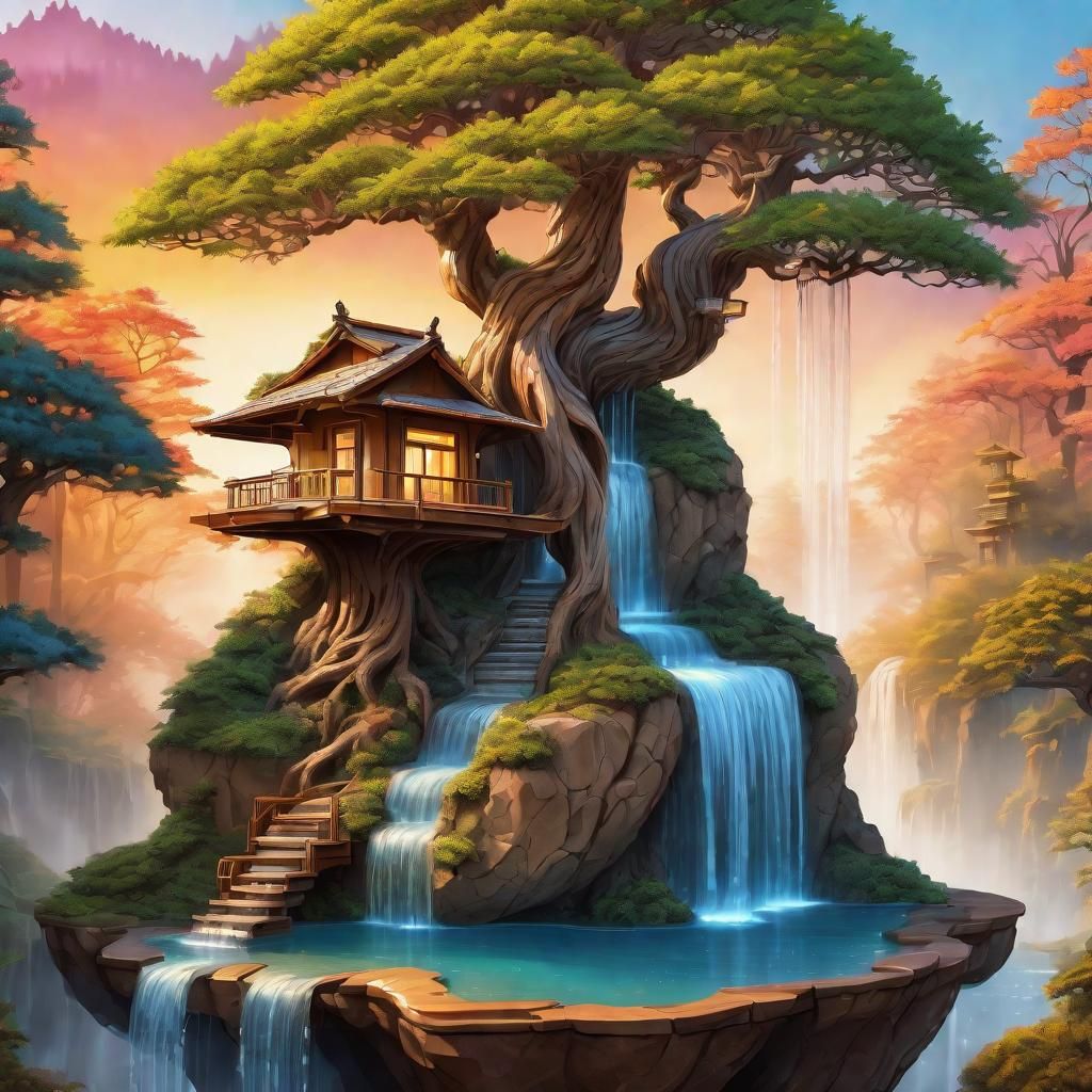 Fantasy Bonsai Tree with Miniature Homes