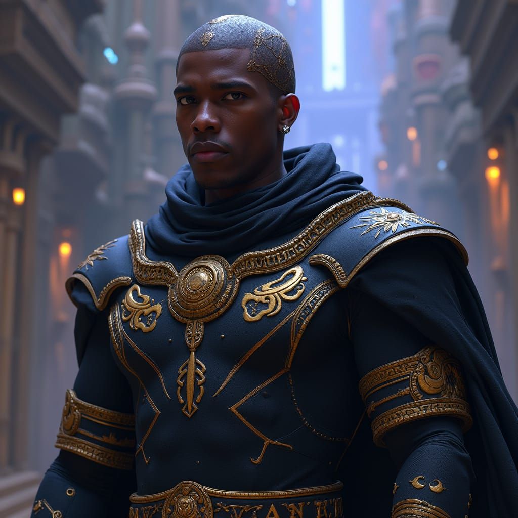 Tormented Enforcer: Afrofuturist Warrior with Intricate Ritu...