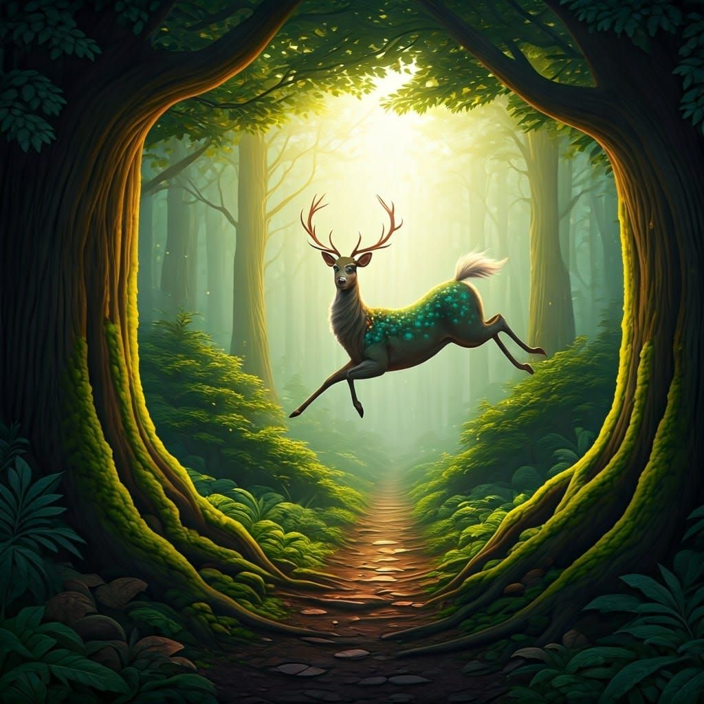 Doe Leaping Through Forest Canopy in Sunlight