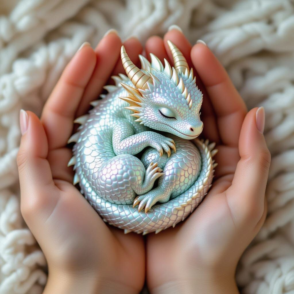 Caring Hands Cradle Sleeping Silver Dragon