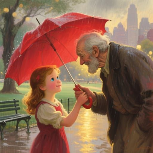 Heartwarming Painterly Scene of Girl Helping Old Man