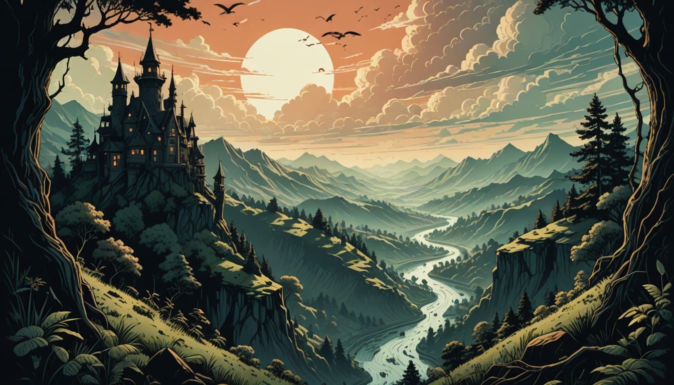 Dark Fantasy Landscape with Eerie Bird Swarm Scene