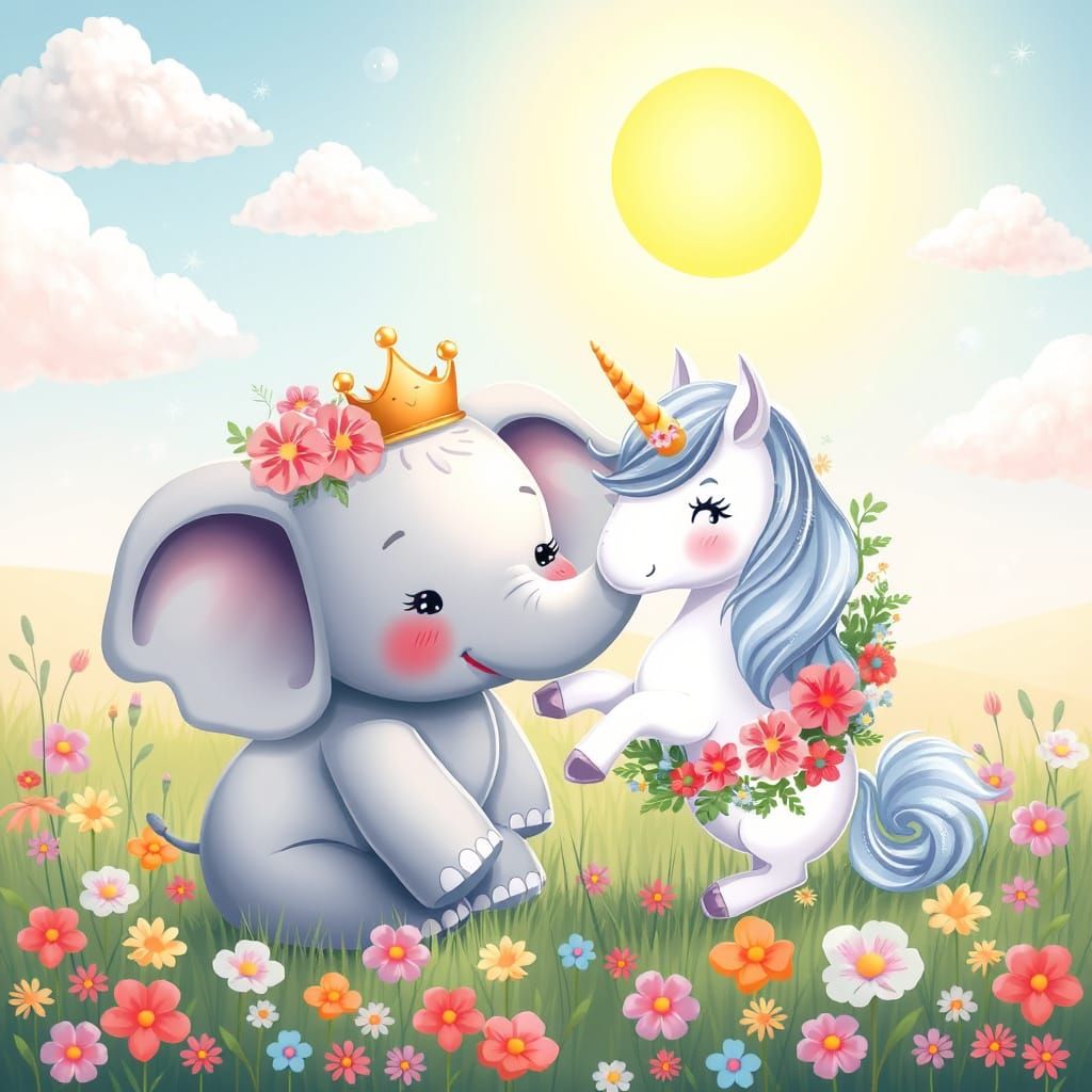 Kawaii Elephant and Unicorn in Pastel Meadow