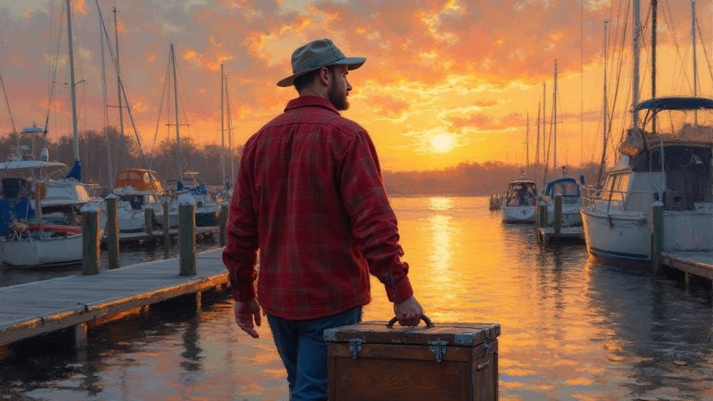 Man at Lusby Marina During Golden Hour, in Impressionist Sty...