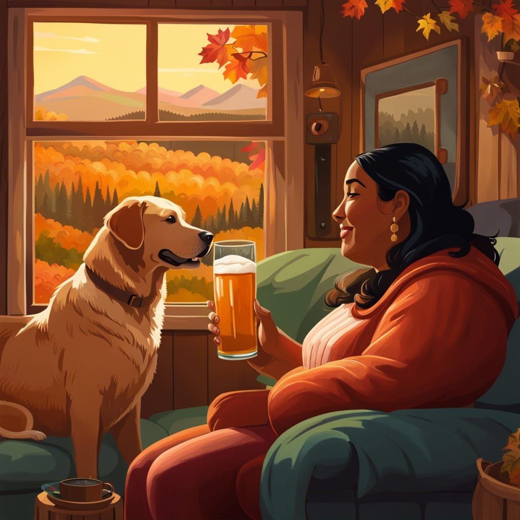 Cheerful Woman and Dog in Cottagecore Cabin