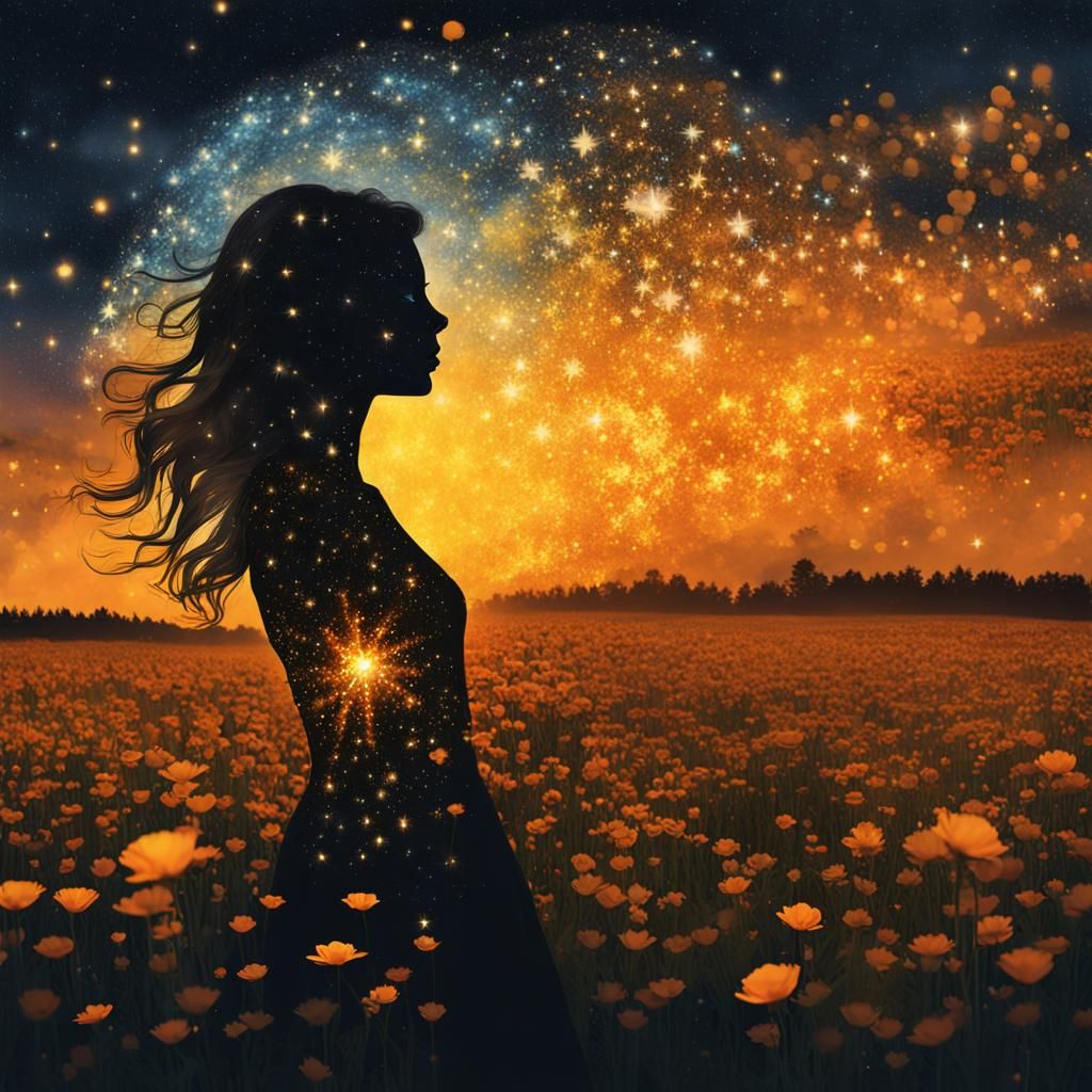 Silhouette with Starry Sky and Floral Field in Klimt Style
