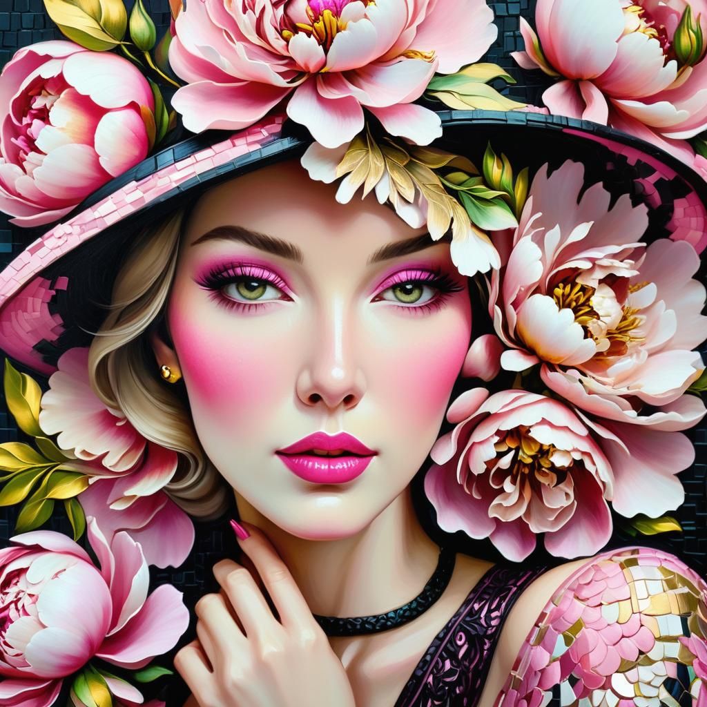 Woman in Pink Peony Hat: An Oil Painting