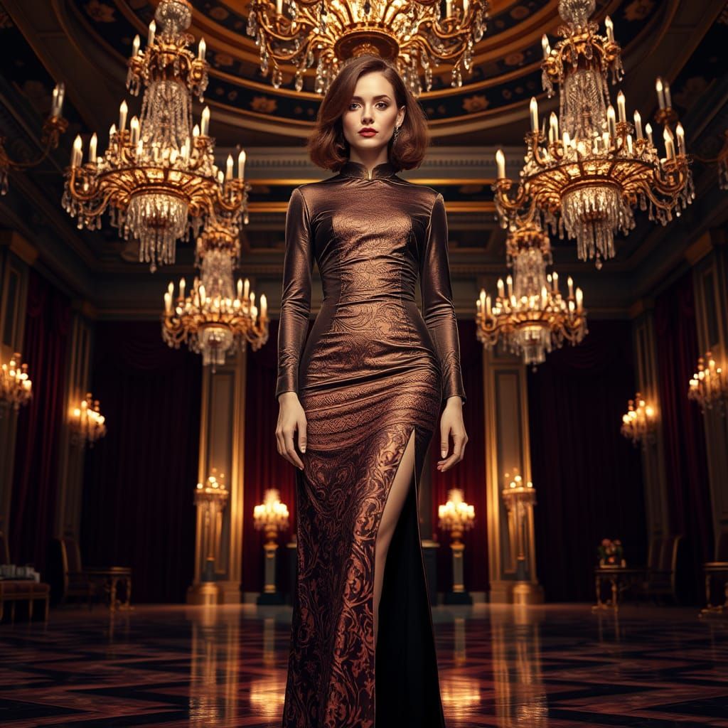 Auburn-Haired Woman in Crystal Dress, Hyperrealistic Style