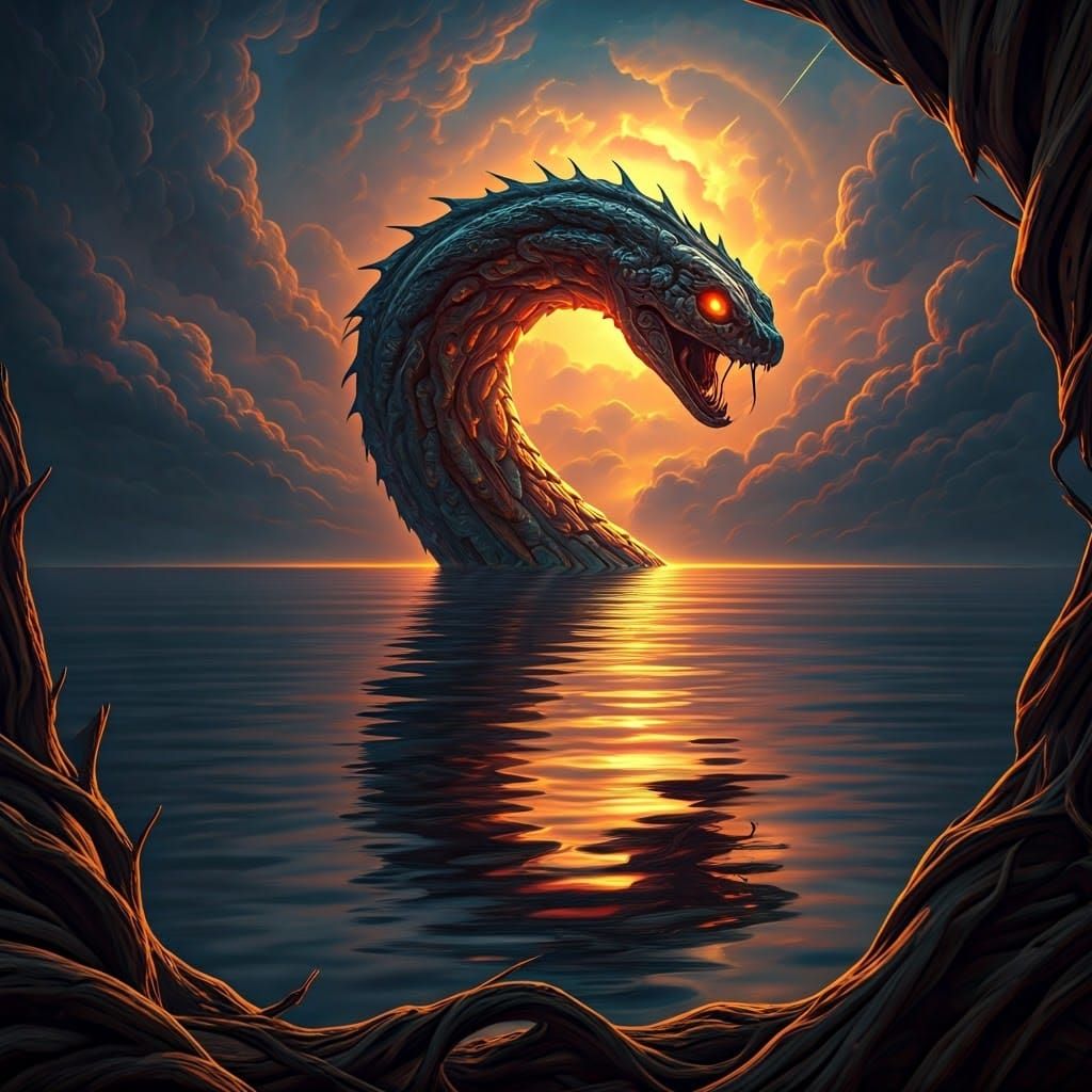 Iridescent Sea Serpent in Surreal Landscape, Dali Style