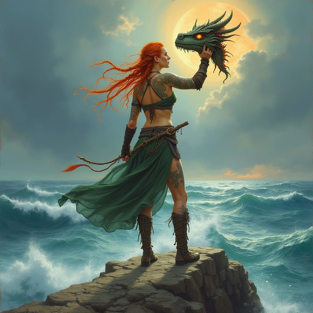 Celtic Warrior Queen Overlooking Stormy Sea
