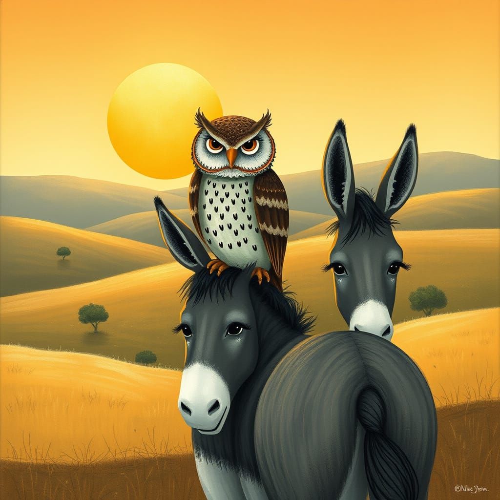 Whimsical Sunset Scene with Owl and Donkey