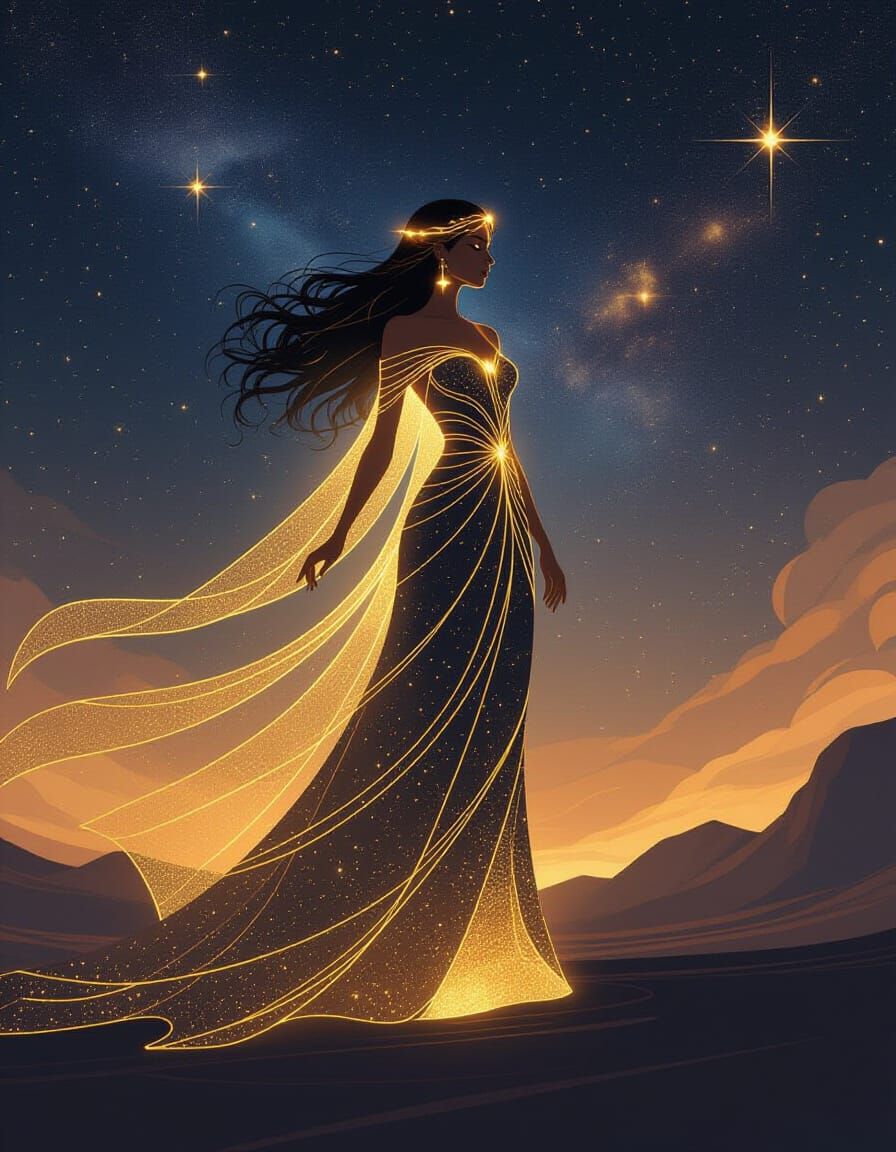 Celestial Oracle in Glistening Gold Constellations
