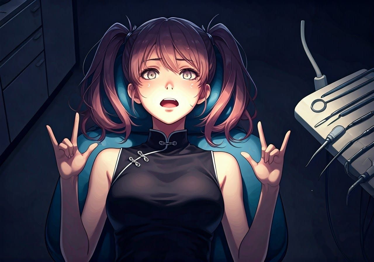 Anguished Anime Girl in Dentist Chair: Studio Trigger Style