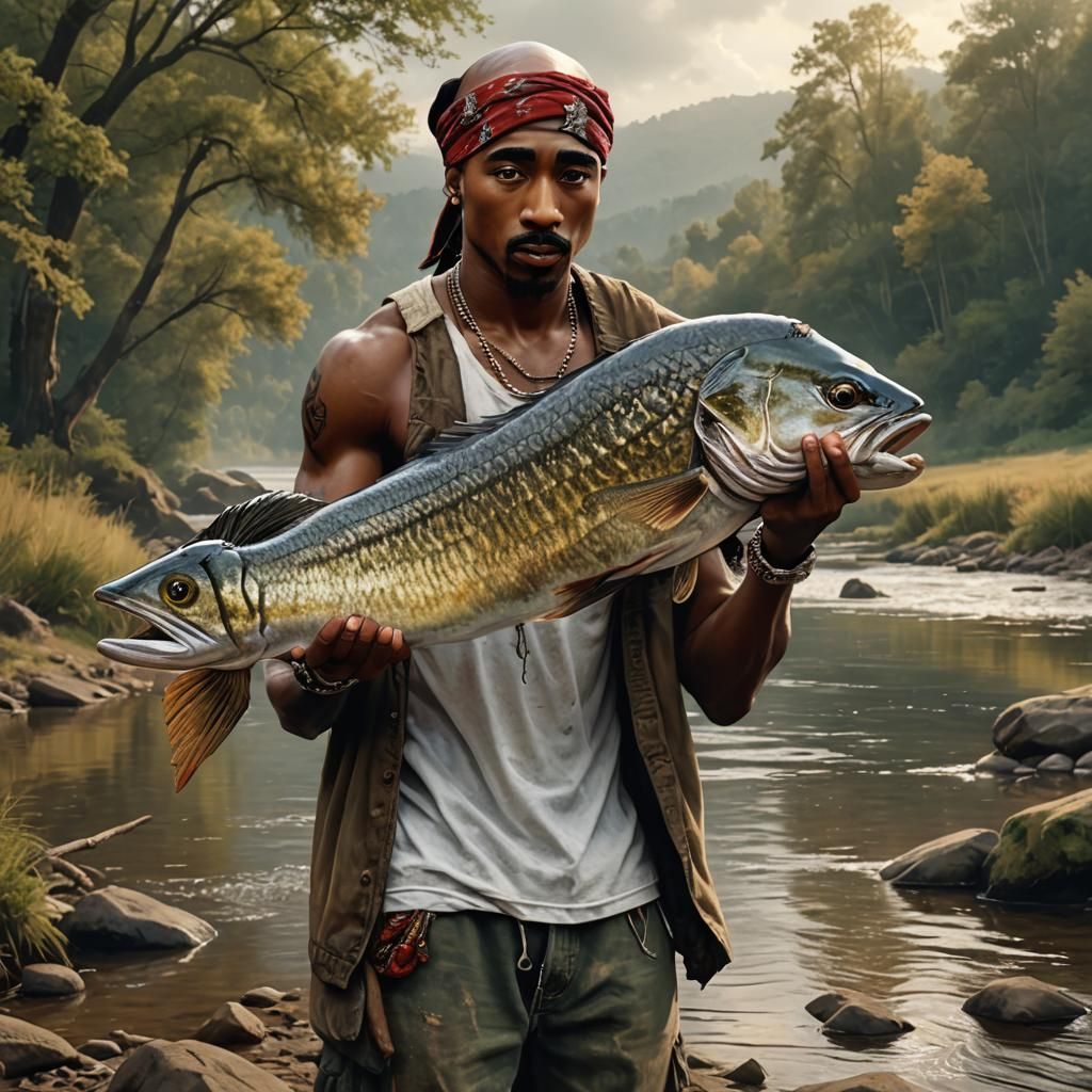 2Pac Holding a Giant Pike Fish on Riverbank