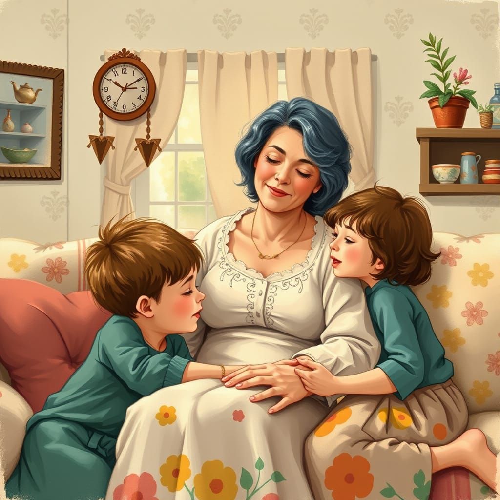 Mother Surrounded by Loving Family in Whimsical Home