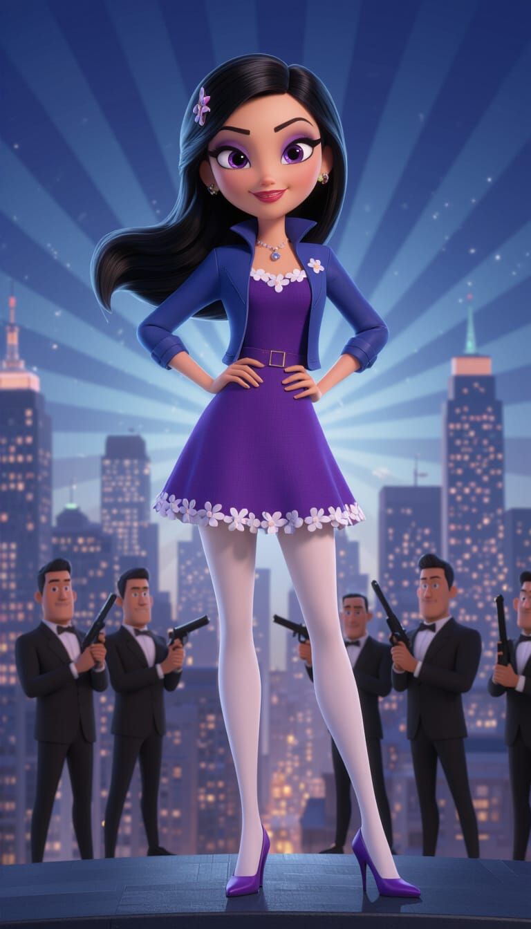 Secret Agent Woman in Cityscape, Pixar Style