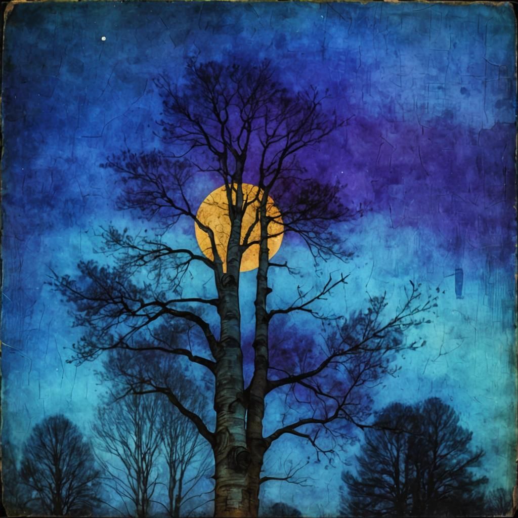 Pale Moon Birch Tree Winterscape: Klee, Redon Style