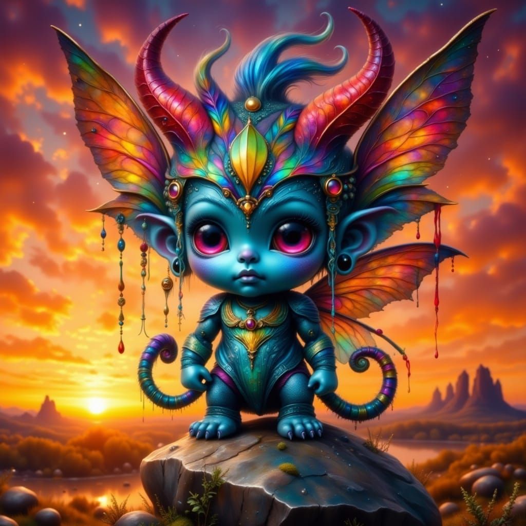 Majestic Blue Mythical Creature Amid Sunset