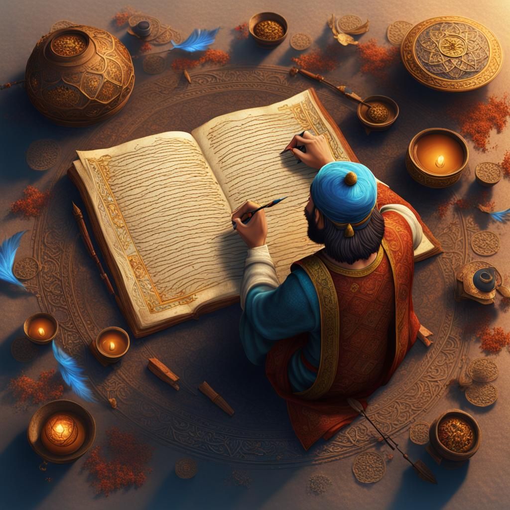 Overhead View of Rumi Writing Poetry