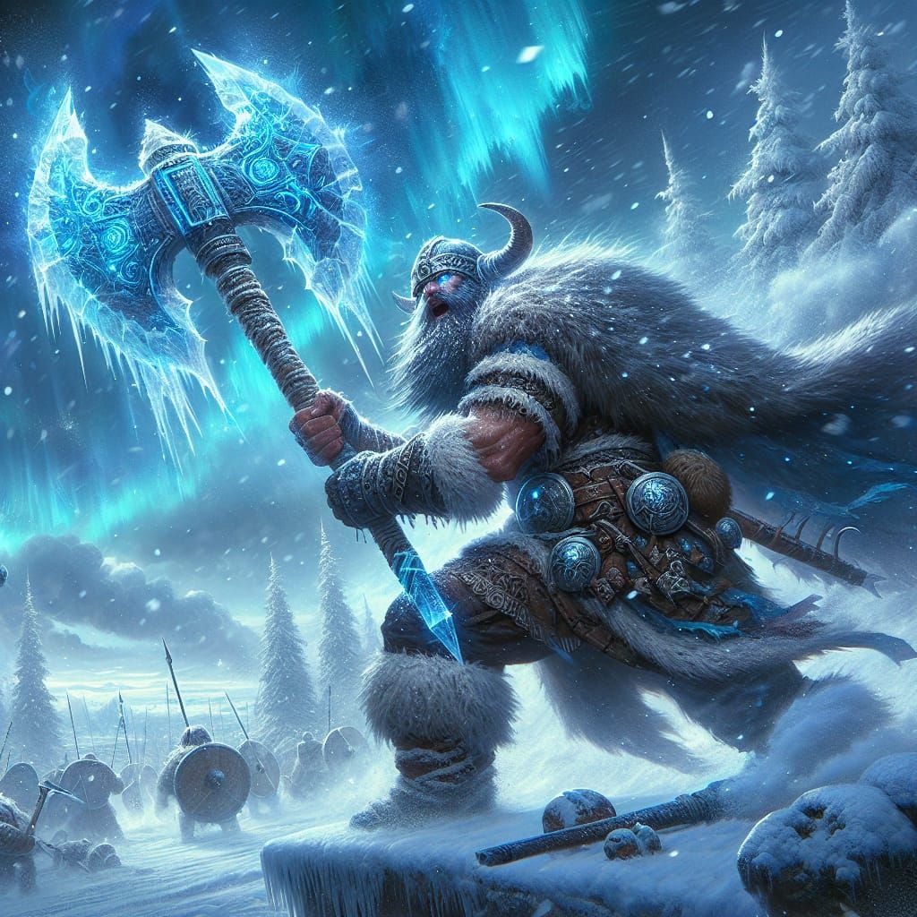 Ethereal Viking Warrior in Frozen Winter Landscape