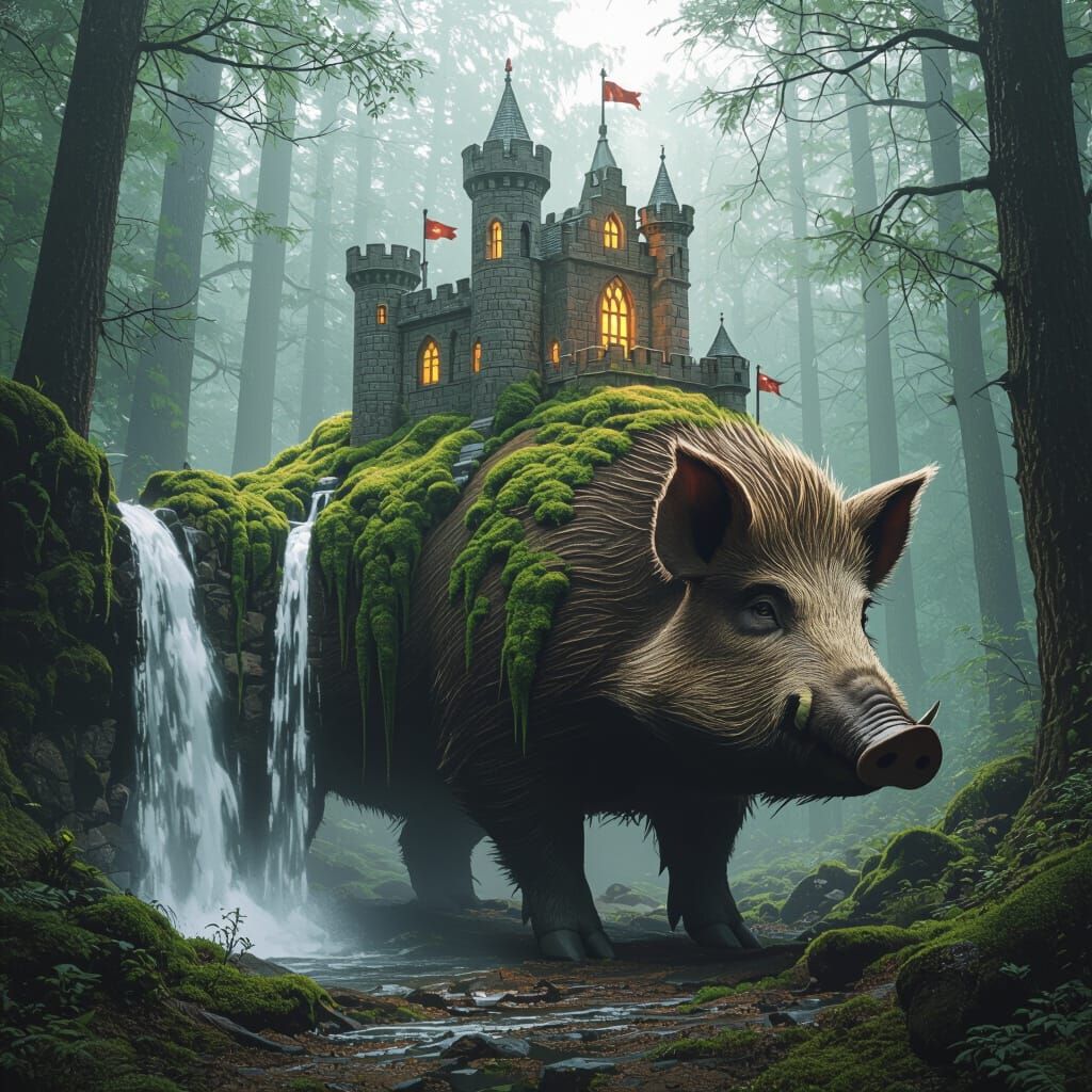 Mossback Colossal Boar with Castle in Hyper-Realistic Style