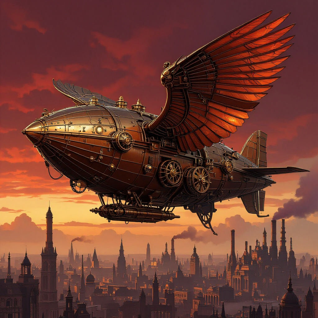 Steampunk Bird Airship Soaring Over Victorian City